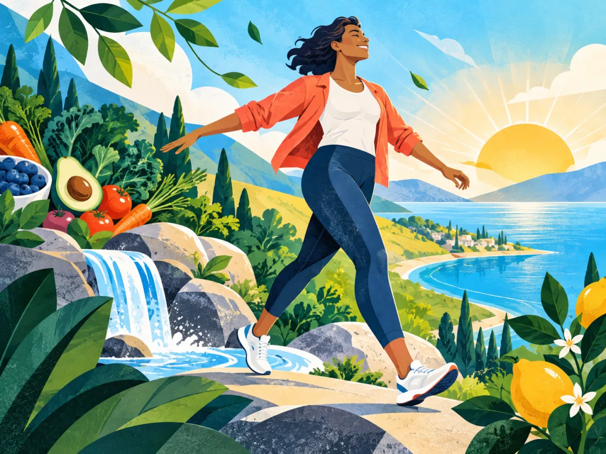 A joyful person walking through a bright landscape with fresh food, water and sunshine